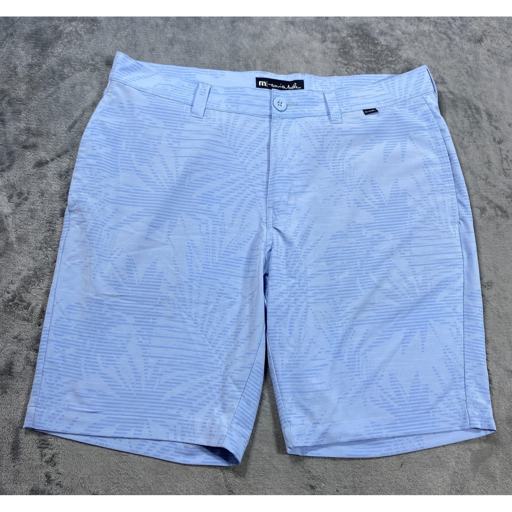 Travis Mathew Shorts 34 Blue Floral Performance Stretch Golf Pockets Logo